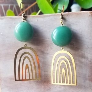 Handmade Boho Green Aventurine and Rainbow Earrings - Raw Brass - New